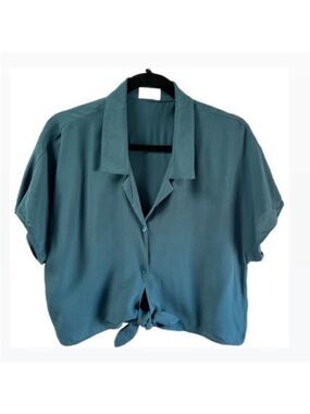 103.Aritzia Wilfred Teal Front Tie Cropped Blouse.